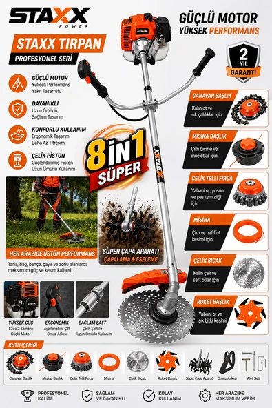 Güçlendirilmiş Çelik Pistonlu 63cc 8IN1 Benzinli Yan Tip Tırpan Ot Biçme Motoru + Süper Çapa Seti ürün görseli 1
