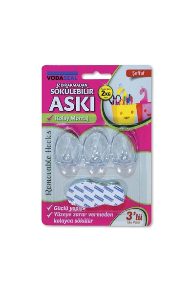 4 ADET Vodaseal 3'lü Askı Şeffaf İz Bırakmayan ürün görseli 1