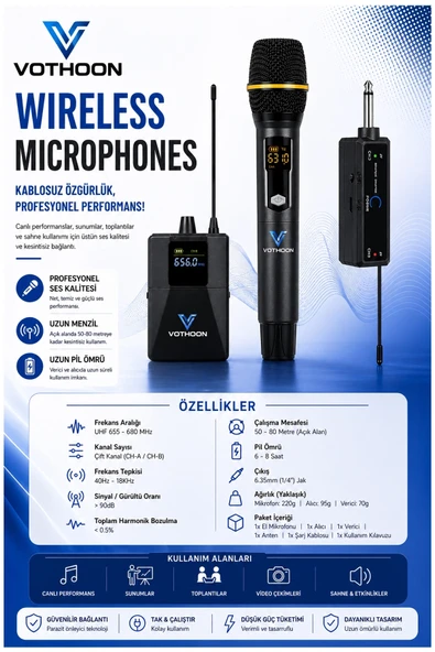 Wireless Mikrofon Sistemi Uhf Kablosuz El Mikrofonu Profesyonel Ses Performansı 50 Mt Menzil ürün görseli 1