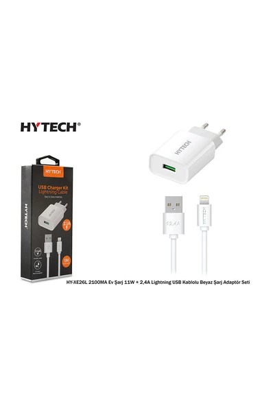 2 ADET Hytech HY-XE26L Lightning USB Kablolu 2100MA Ev Şarj 11W + 2,4A Beyaz Şarj Adaptör Seti ürün görseli 1