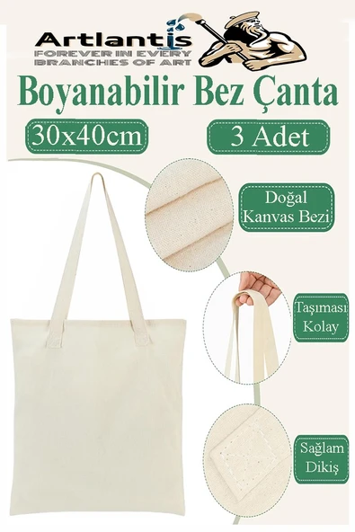 Bez Çanta 30x40cm 3 Adet Boyanabilir Baskısız Bez Çanta Kulplu Ham Bez Çanta Boyama Çantası Etkinlik Okul Kreş ürün görseli 1