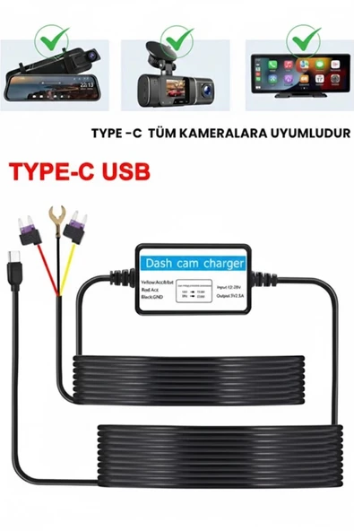 Park Modu Kablosu Type-c Akü Sigorta Bağlantı Kablosu Araç İçi Kamera Tüm Kameralara Uyumlu ürün görseli 1