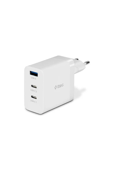 2 ADET ttec 2SCG03B ttec SmartCharger Trio GAN 65W PD Seyahat Hızlı Şarj Aleti 2 USB-C+USB-A-Beyaz ürün görseli 1