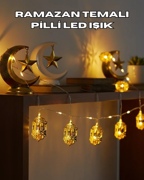 Ramazan Dekoru İçin Pilli Led Işık Altın Fener Tasarımlı ürün görseli 1