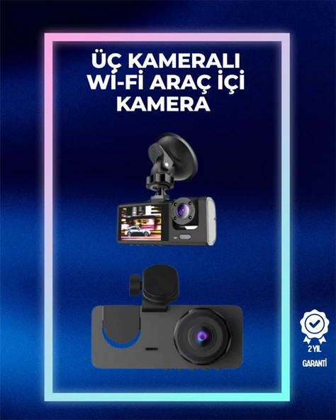 1080p Ön + 720p Arka & İç Kamera - Suya Dayanıklı Araç Güvenlik Kamerası ürün görseli 1