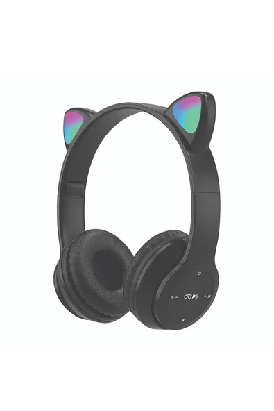 3 ADET  Bood Çocuk RGB Işıklı Kedili Kulak Üstü Bluetooth Kulaklık P47 Siyah ürün görseli 1