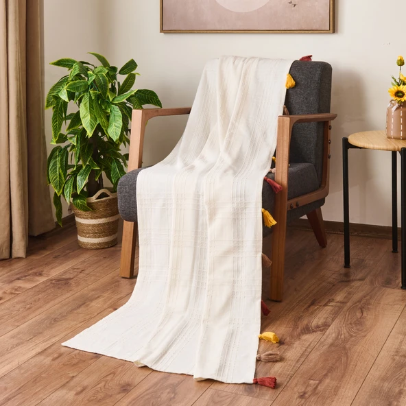 Soft Püsküllü Koltuk Örtüsü - Ekru - 90x210 cm ürün görseli 1