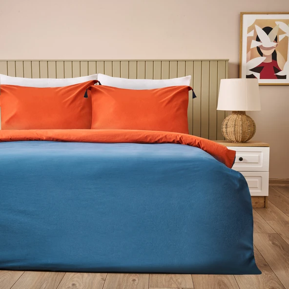 Soft Colorful Çift Kişilik Nevresim Takımı - Kiremit / Lacivert ürün görseli 1