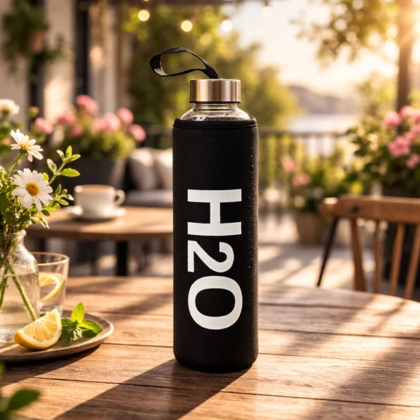 H2O Kılıflı Cam Matara - Şeffaf / Siyah - 600 ml ürün görseli 1