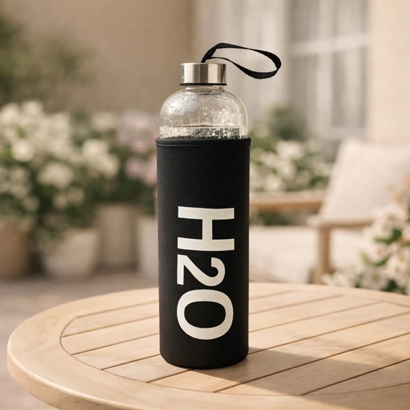 H2O Kılıflı Cam Matara - Şeffaf / Siyah - 1 lt ürün görseli 1