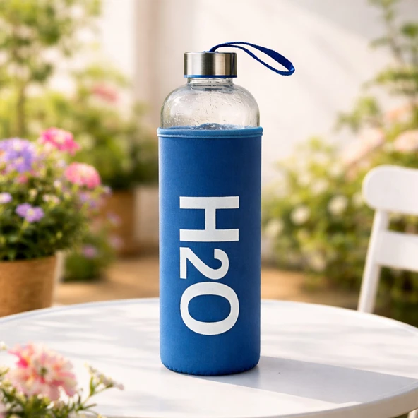 H2O Kılıflı Cam Matara - Şeffaf / Mavi - 1 lt ürün görseli 1