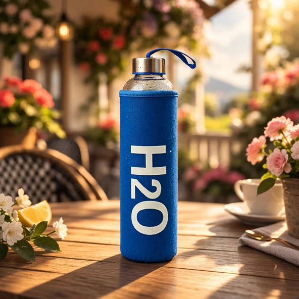 H2O Kılıflı Cam Matara - Şeffaf / Mavi - 600 ml ürün görseli 1