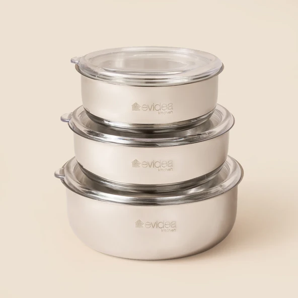 Kitchen 3'lü Çelik Saklama Kabı - Inox - 18 cm + 16 cm + 14 cm ürün görseli 1