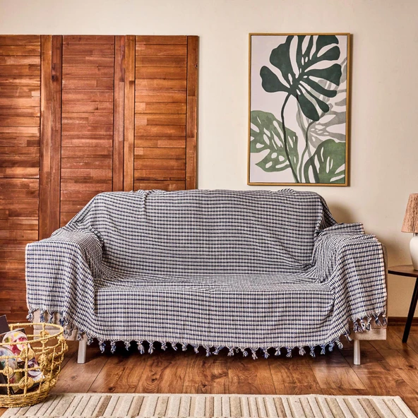 Soft Dama Koltuk Örtüsü - Ekru / Lacivert - 180x200 cm ürün görseli 1