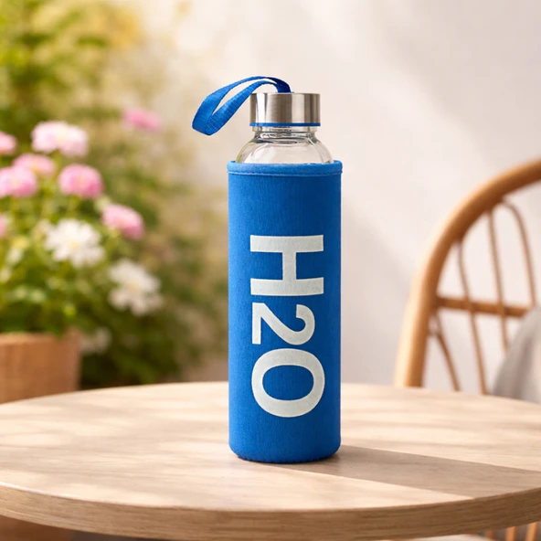 H2O Kılıflı Cam Matara - Mavi / Şeffaf - 500 ml ürün görseli 1