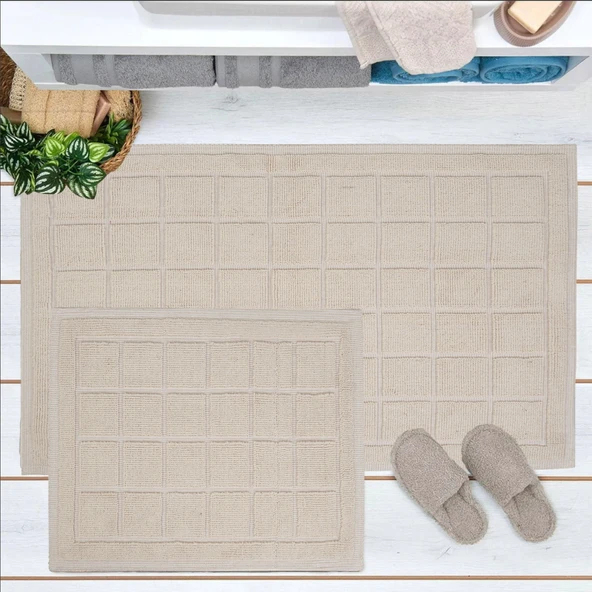 Soft Kare 2'li Banyo Paspası - Ekru - 60x100 cm + 50x60 cm ürün görseli 1