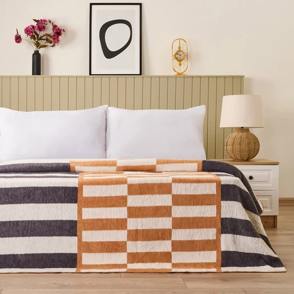 Soft Lemi Pamuklu Çift Kişilik Battaniye - Hardal / Antrasit - 200x220 cm ürün görseli 1