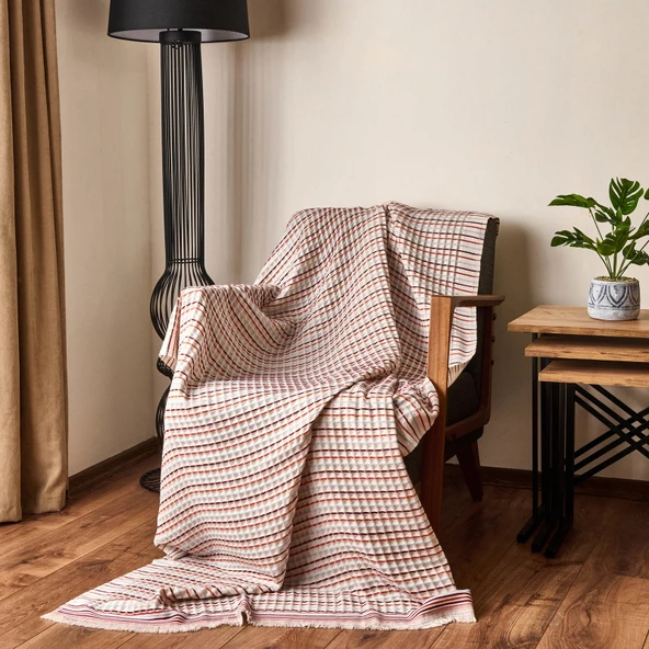 Soft Waffle Koltuk Şalı - Ekru / Kiremit - 120x170 cm ürün görseli 1