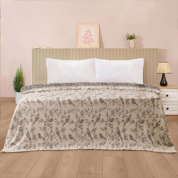 Soft Birds Çift Kişilik Yatak Örtüsü - Antrasit - 220x240 cm ürün görseli 1