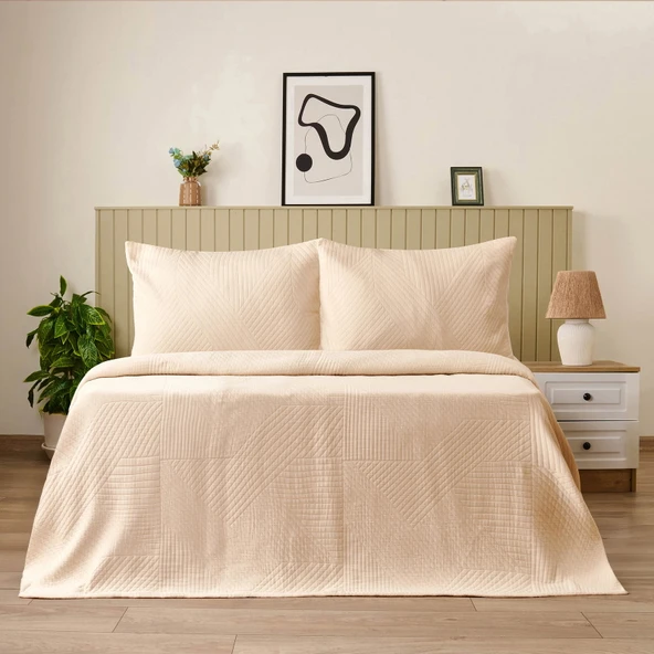 Soft Sara Çift Kişilik Yatak Örtüsü Seti - Bej - 220x240 cm + 50x70 cm ürün görseli 1