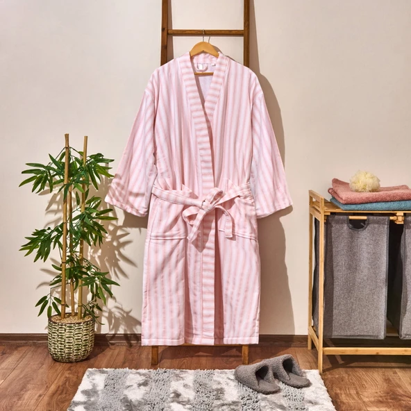 Soft Kimono Çizgili Kadın Bornoz - Beyaz / Pembe - L / XL ürün görseli 1