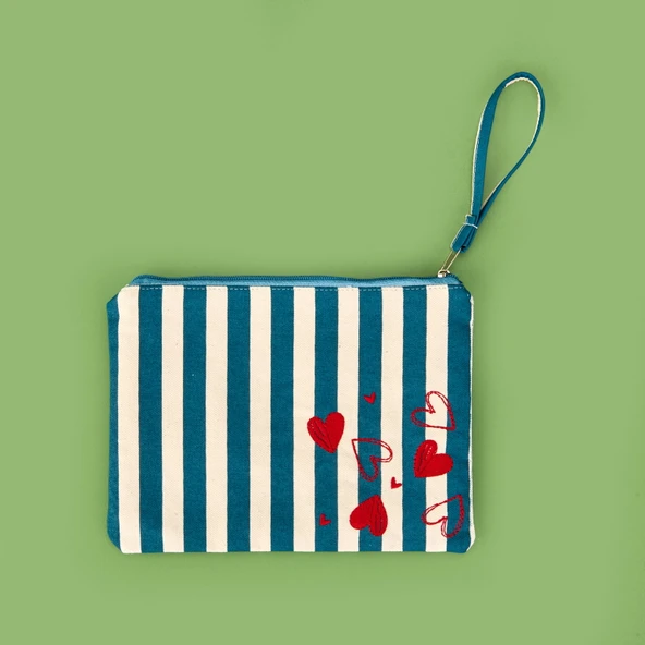 Çizgili Kalp Detaylı Kozmetik Çantası - Mavi / Bej - 16x25 cm ürün görseli 1