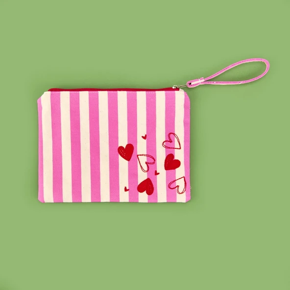 Çizgili Kalp Detaylı Kozmetik Çantası - Pembe / Bej - 16x25 cm ürün görseli 1