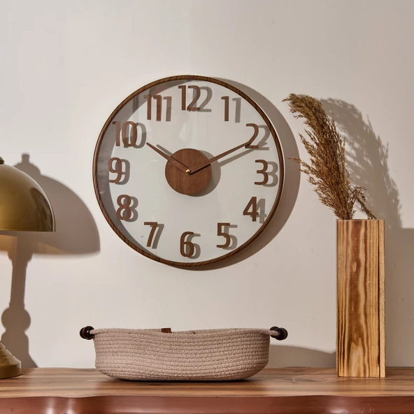 Modern Ahşap Duvar Saati - Kahverengi / Şeffaf - 38 cm ürün görseli 1