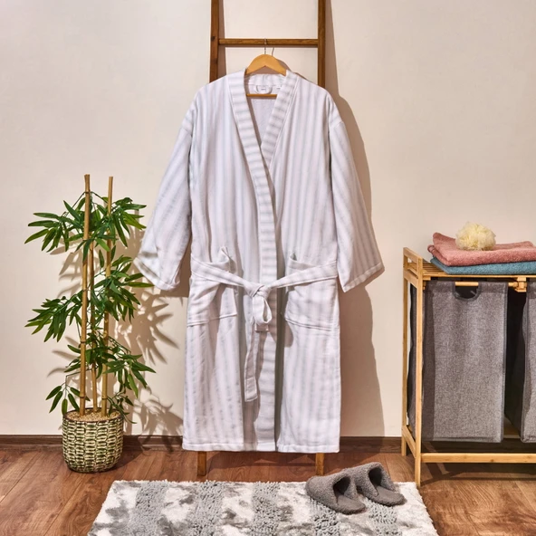 Soft Kimono Çizgili Erkek Bornoz - Beyaz / Mavi - L / XL ürün görseli 1