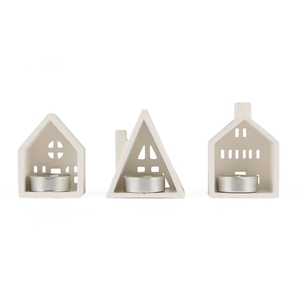 Deco 3'lü Ev Şekilli Mumluk Seti - Beyaz - 19 cm - Resim 3