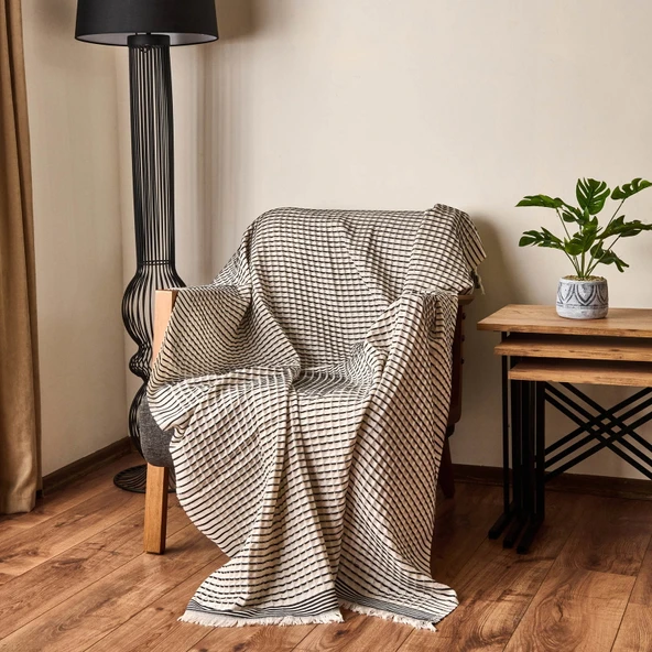 Soft Waffle Koltuk Şalı - Ekru / Siyah - 120x170 cm ürün görseli 1