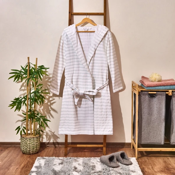 Soft Kapüşonlu Çizgili Erkek Bornoz - Beyaz / Mavi - L / XL ürün görseli 1