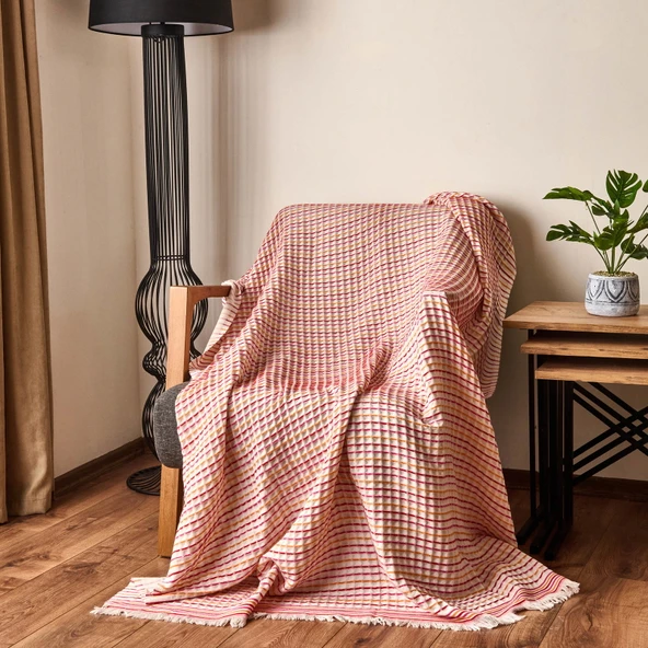 Soft Waffle Koltuk Şalı - Ekru / Bordo - 120x170 cm ürün görseli 1