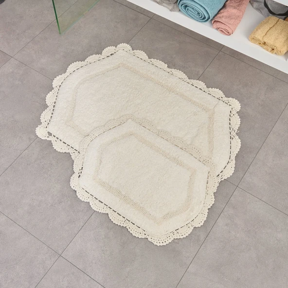 Soft Lace 2'li Banyo Paspası - Ekru - 40x60 cm + 60x90 cm ürün görseli 1