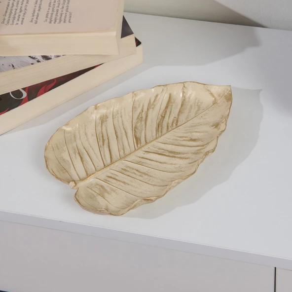 Deco Leaf Dekoratif Tabak - Beyaz / Gold - 24x16 cm ürün görseli 1