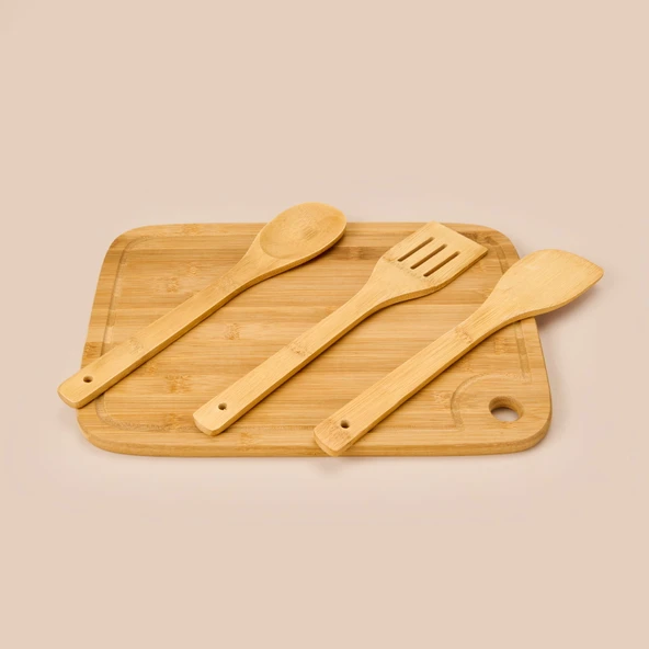 4 Parça Bambu Mutfak Seti - Açık Kahverengi - 36x26 cm + 30 cm ürün görseli 1