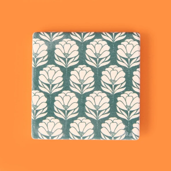Kitchen Beyaz Çiçekli Taş Bardak Altlığı - Renkli - 10x10 cm ürün görseli 1