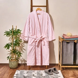 Soft Kimono Çizgili Kadın Bornoz - Beyaz / Pembe - L / XL ürün görseli 1