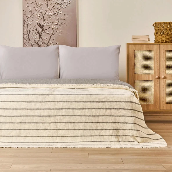 Soft Serena Tek Kişilik Yatak Örtüsü - Ekru / Antrasit - 170x230 cm ürün görseli 1