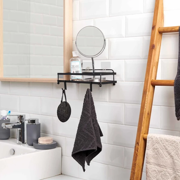 Ahşap Görünümlü Kancalı Banyo Duş Rafı - Siyah - Resim 2
