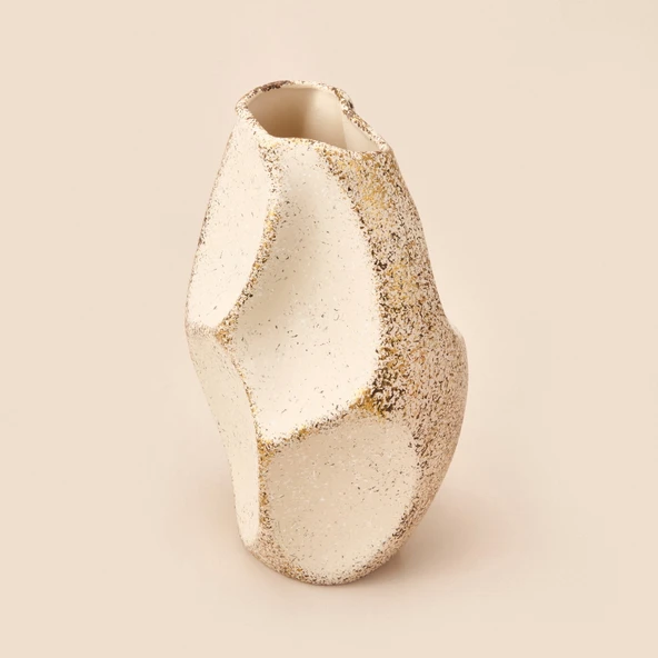 Deco Urthania Vazo - Bej / Gold - 32 cm - Resim 3