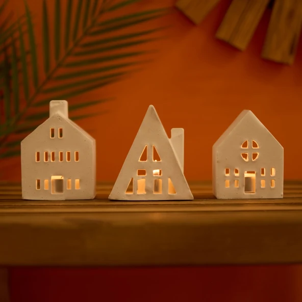 Deco 3'lü Ev Şekilli Mumluk Seti - Beyaz - 19 cm ürün görseli 1