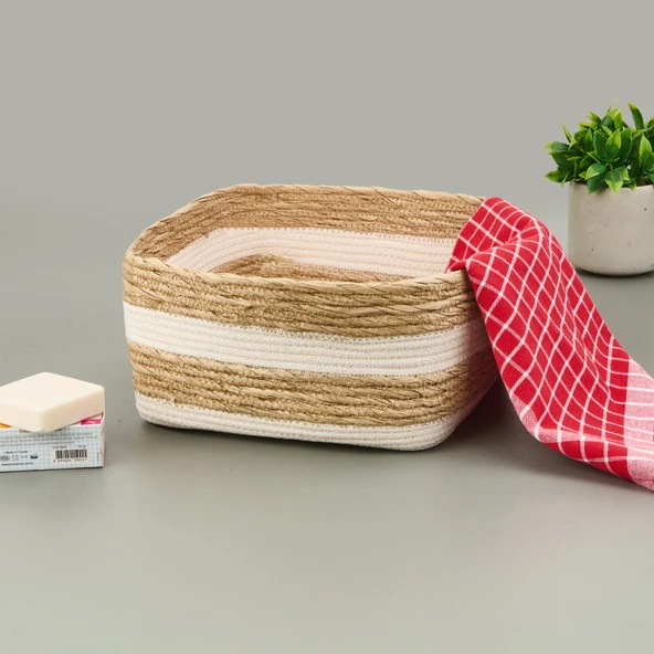 Living Boho Style Büyük Kağıt İp Sepet - Bej / Beyaz - 28x28x14 cm ürün görseli 1
