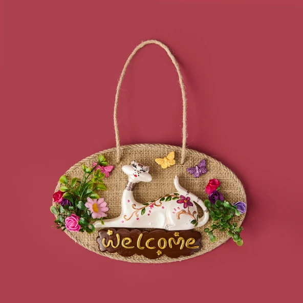 Dekoratif Welcome Cat Kapı Süsü - Renkli - 26x16 cm ürün görseli 1