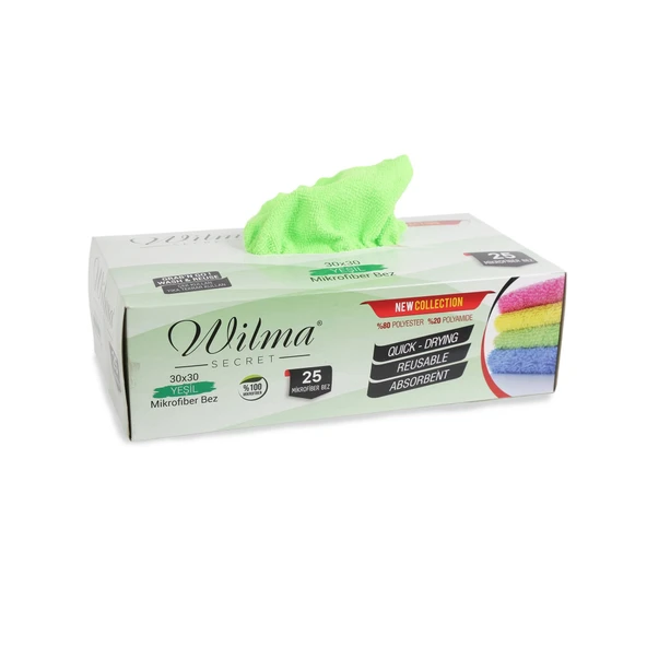 Wilma Secret Mikrofiber Temizlik Bezi Kutulu 125 Adet  Mikrofiber Bezler 30X30CM 180GSM - Yeşil ürün görseli 1