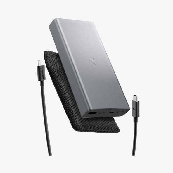 Spigen 20000 mAh Alüminyum Kasa 30W USB-C + USB-A Giriş / Çıkış Hızlı Şarj 3 Portlu Powerbank / 1 Metre Type-C Harici Kablolu Taşınabilir Şarj Cihazı + Taşıma Çantası EA3020 Gray ürün görseli 1