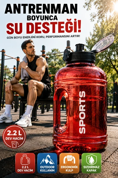 2.2 Litre Spor Matara Suluk BPA İçermez Taşıma Kulplu Sızdırmaz Büyük Hacim Şişe Kırmızı ürün görseli 1
