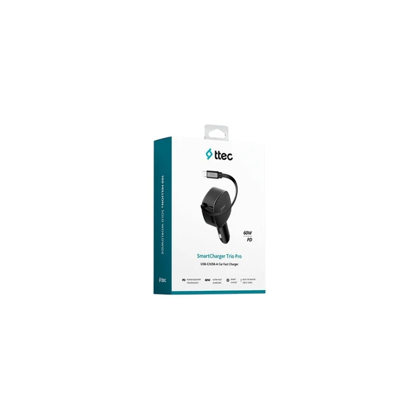 Ttec 2CKP07S TTEC SMARTCHARGER TRIO PD 60W ARAÇ HIZLI ŞARJ ALETI USB-C+USB-A + DAHILI PD 30W 70CM ürün görseli 1