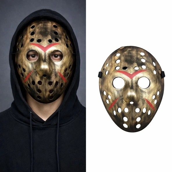 Bakır Renk Kırmızı Çizgili Tam Yüz Hokey Jason Maskesi Hannibal Maskesi ürün görseli 1
