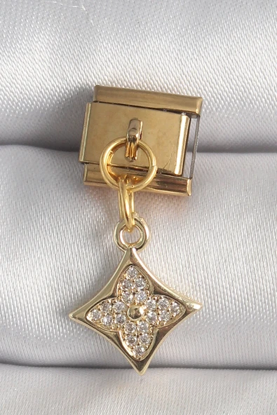 316L Çelik Gold Renk Sallantı Zirkon Taşlı Çiçek İşlemeli Nomination Charm ürün görseli 1